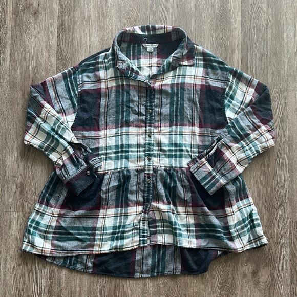 American Eagle Peplum Plaid Flannel Button Down Long Sleeve Shirt Small - Picture 1 of 5